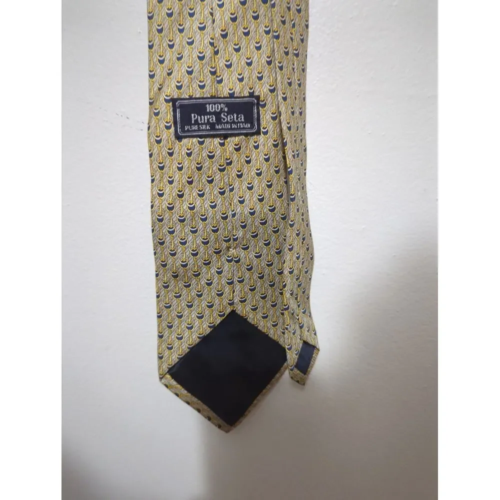 Pura Seta Mens Silk Tie Tan Gold Blue Equestrian‎ Horsebit Chain Made in Italy